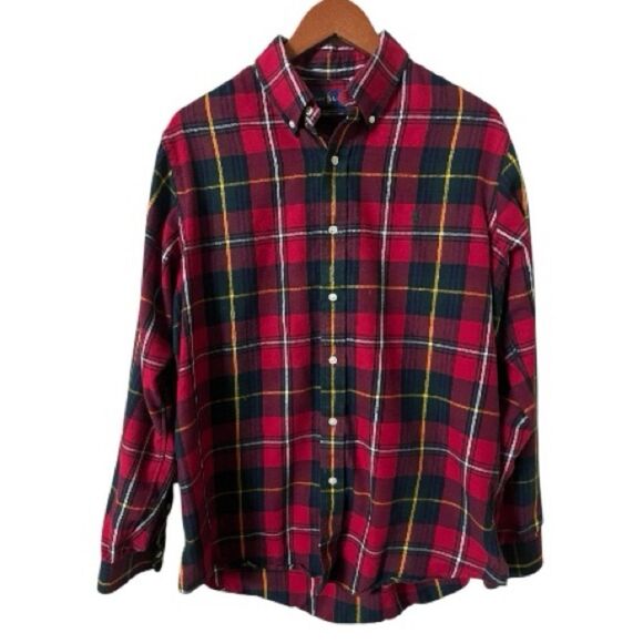 red and green plaid dress shirt Vintage 80s Lee Plaid Button Front Shirt Sanforized USA Made Red Yello –  Neon Vintage main image 1